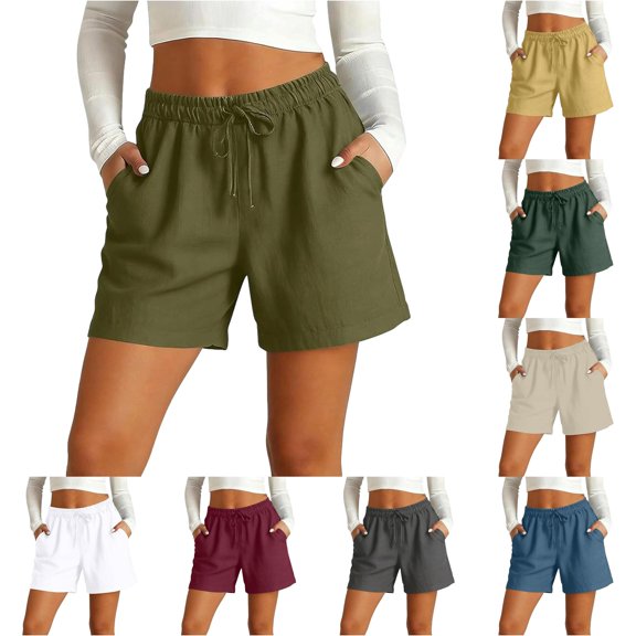 XIAONU Women's Solid Casual Shorts Drawstring Waist Side Pockets Shorts