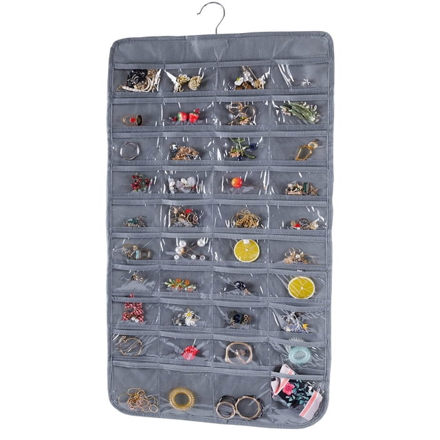 Apuakthei Organizador de joyas colgante, doble cara, 80 bolsillos, bolsa de almacenamiento de cadena de joyería, 2 capas de tela, organizador de joyas, soporte para collar, pulsera, pendientes,