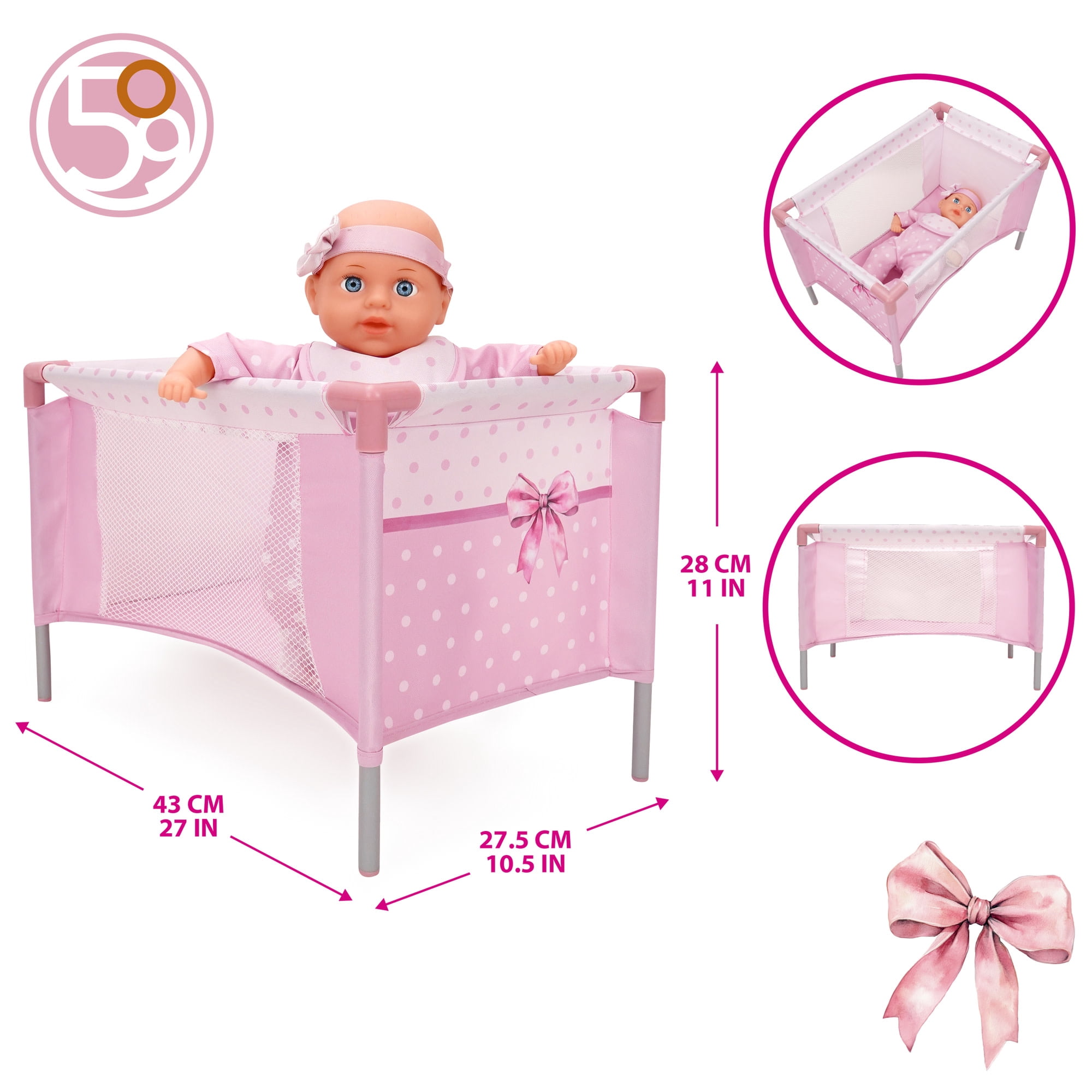 509 Crew: Bow Travel Care n Feed Set & Baby Doll - Pink-White, 9pc On-the-Go Accessories, Highchair-Umbrella Stroller-Play Yard, Roleplay Toy, Kids 3+
