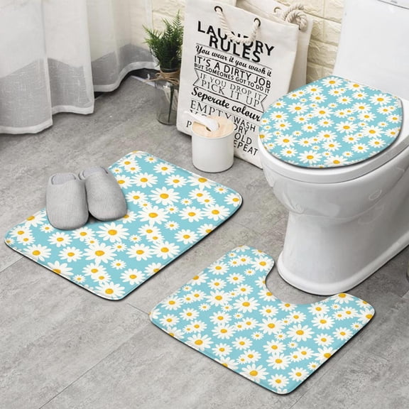 Blue White Flower Pattern Bathroom Rugs Sets 3 Piece,Toilet Cover Set,Absorbent Non Slip Bathroom Mats Sets with U-Shaped Contour Rug Toilet Rug Set