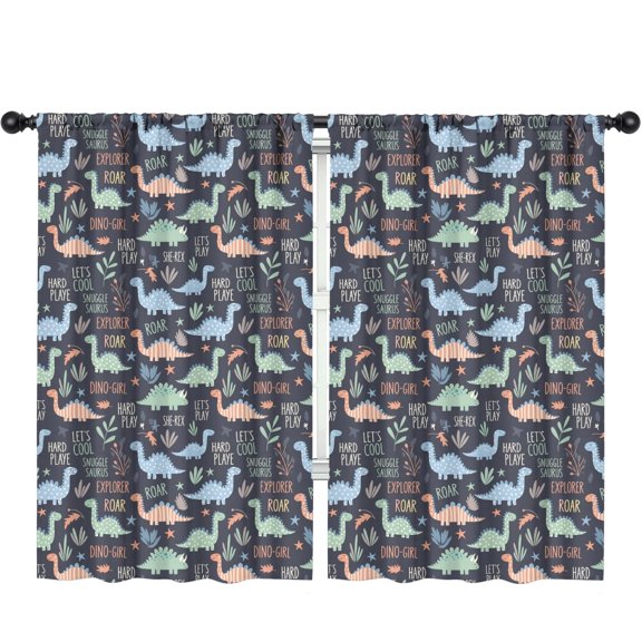 DarkBlue Cartoon Dinosaurs Text Pattern Insulated Teens Curtains Set Of 2, Bedroom Essentials, Toddler Room Decor 52x84in(132x213cm)