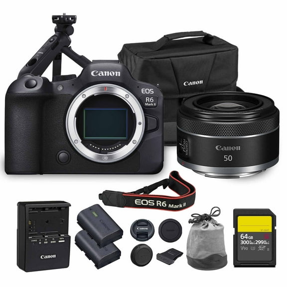 Canon EOS R6 Mark II Mirrorless Camera | 24.2MP Full Frame Sensor 4K 60p Video | Dual Pixel AF In-Body Stabilization for Pros (5666C002) Canon RF 50mm f/1.8 STM Lens 64GB Card Tripod Grip Bag