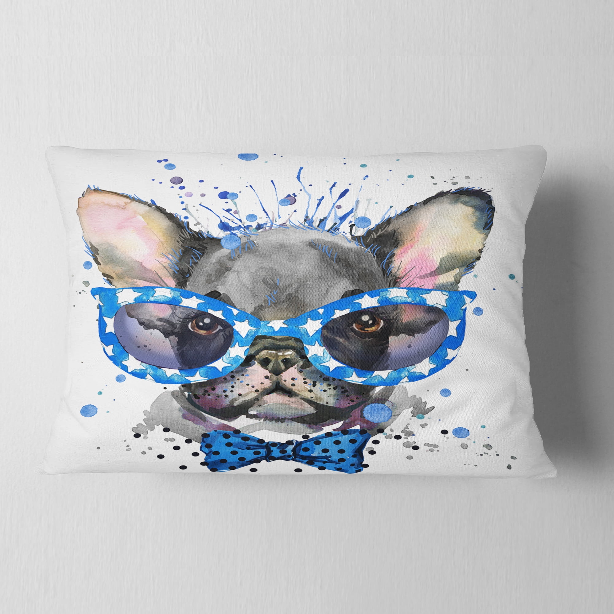 Designart Cute French Bulldog with Glasses - Animal Throw Pillow - 12x20