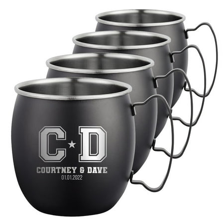 

PERSONALIZED Elegant Custom Engraved Wedding Perfect Gift Round Classic Moscow Mule Mug with Sturdy Handle Rolled Rim Smooth Black Finish 16 oz Set of 4 Highschool Sweethearts