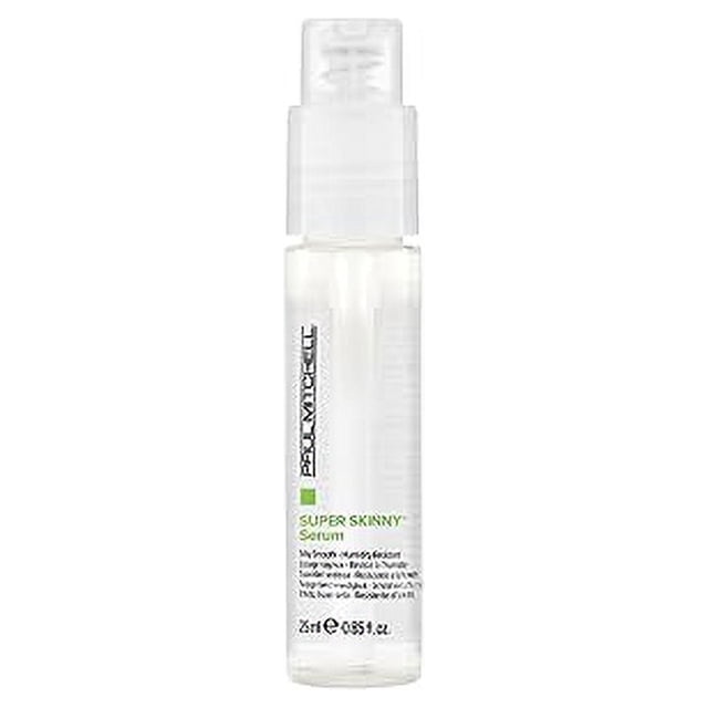 suero paul mitchell super skinny, acelera el tiempo de secado, h botella frontal transparente con dosificador y tapa clara, logo Paul Mitchell vertical en la etiqueta blanca y texto verde 'SUPER SKINNY Serum', líquido claro visible; suaviza, acondiciona y sella mechones para reducir frizz y acelerar el tiempo de secado, también suele usarse para facilitar el peinado y el acabado sedoso.