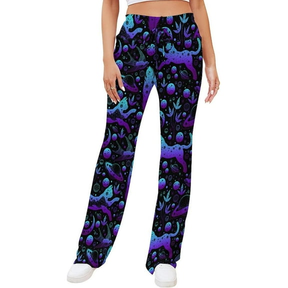 Top-kevin Boho Cat Moon Women's Straight Lace Up Yoga Pants Flare Loose Comfy Lounge Wide Leg High Waist