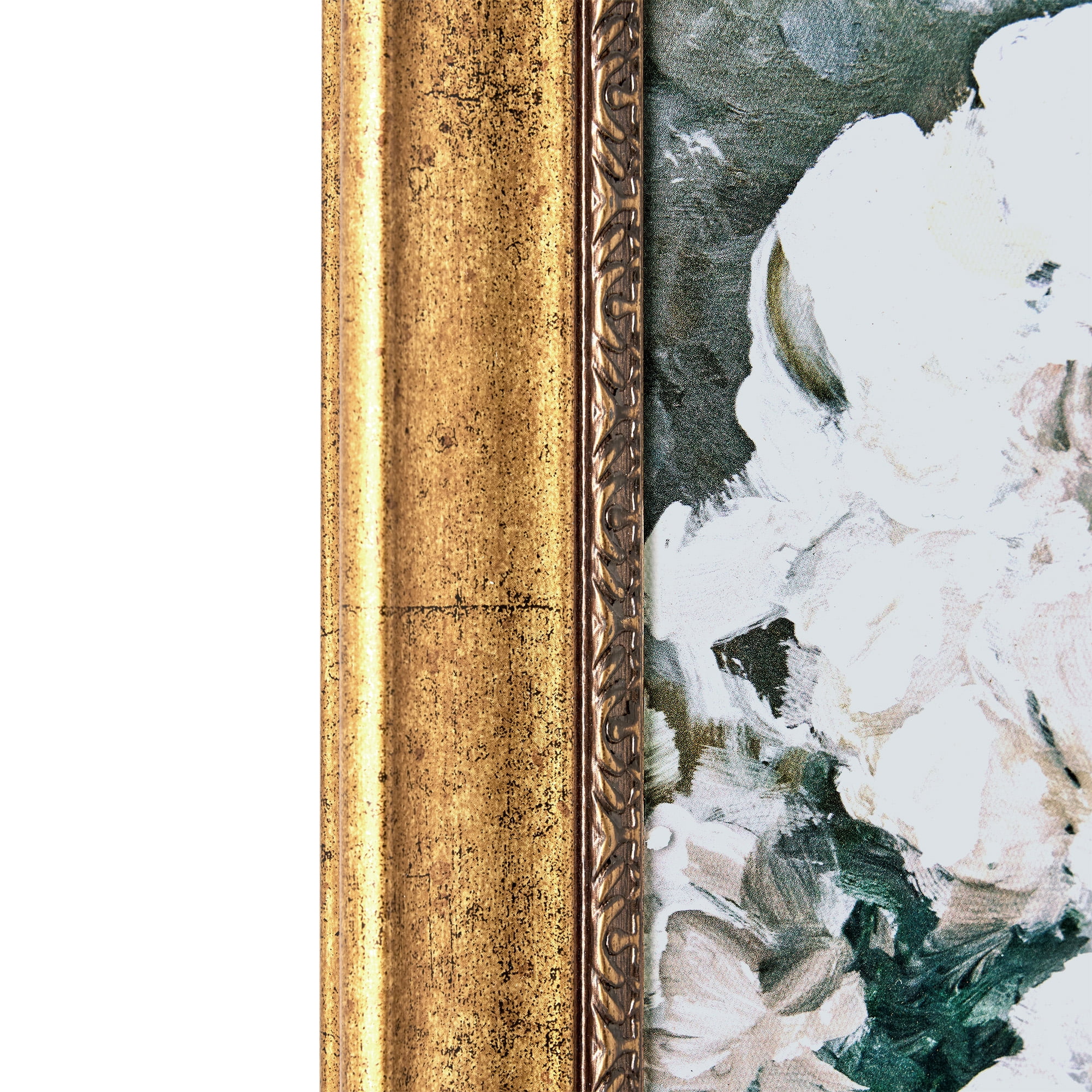 Beautiful Spring Beauty White Floral Wall Art – Brush Texture Print in Antique Gold Frame – Elegant Flower Art, 16x20