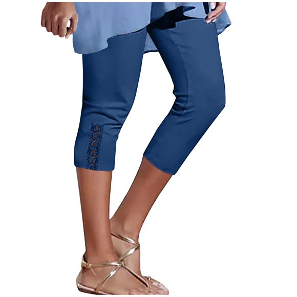 ZVAVZ Capri Pants for Women Stretch,Womens Lace Trim Summer Crop Pants High Waisted Slim Fitting Capri Pant Lounge Athletic Yoga Pants Limited Time Deals Blue,XL