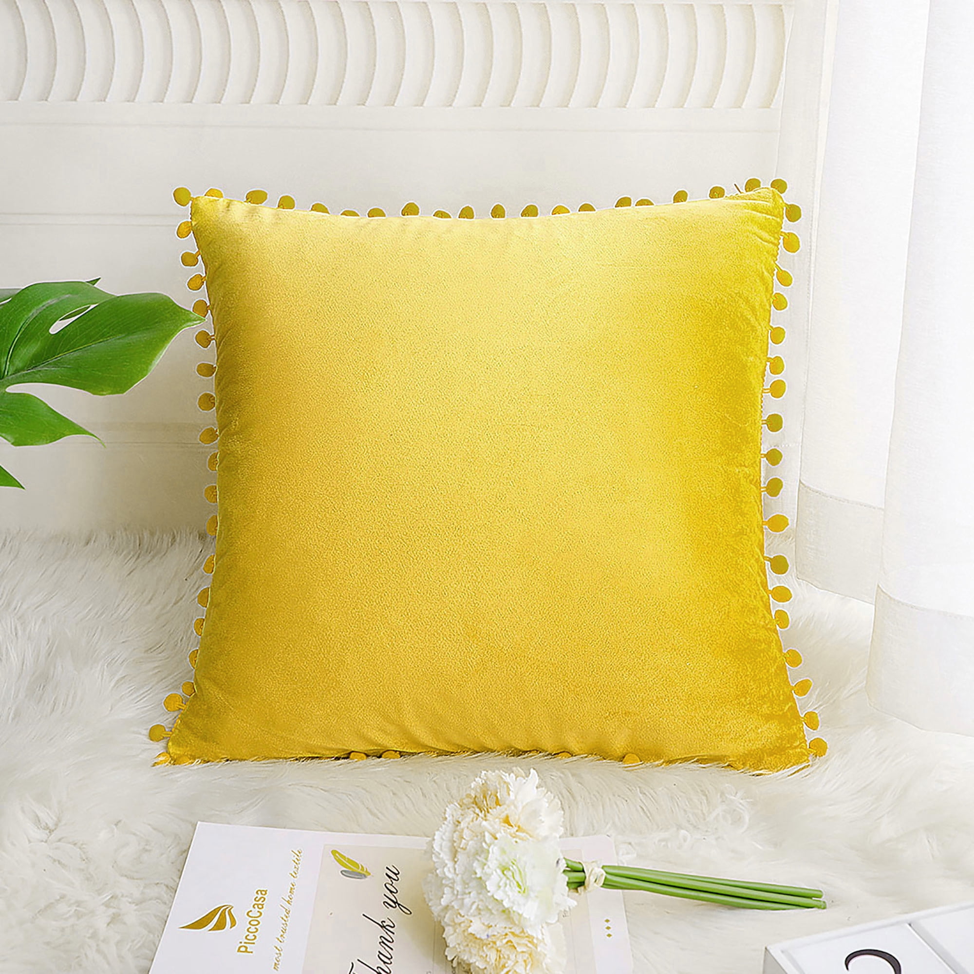 Unique Bargains Velvet Pillow Cover with Pompoms for Sofa 1PCS Golden Yellow 16x16Inch