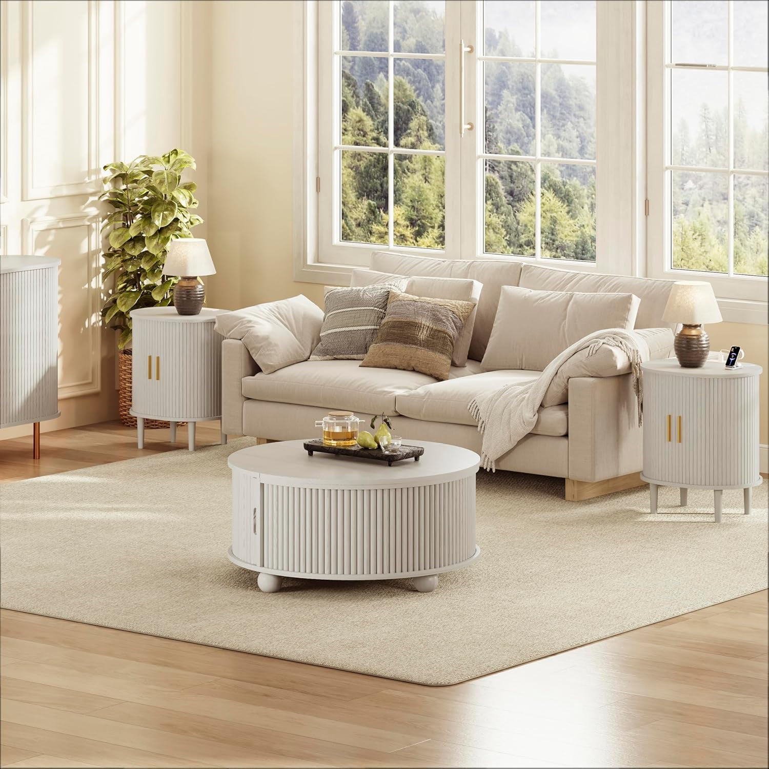 avobird Fluted Nightstand Set with Charging Station, Modern Side Table, Round Wood End Table with Drawer, Sliding Door & Adjustable Shelf for Living Room, Bedroom, White