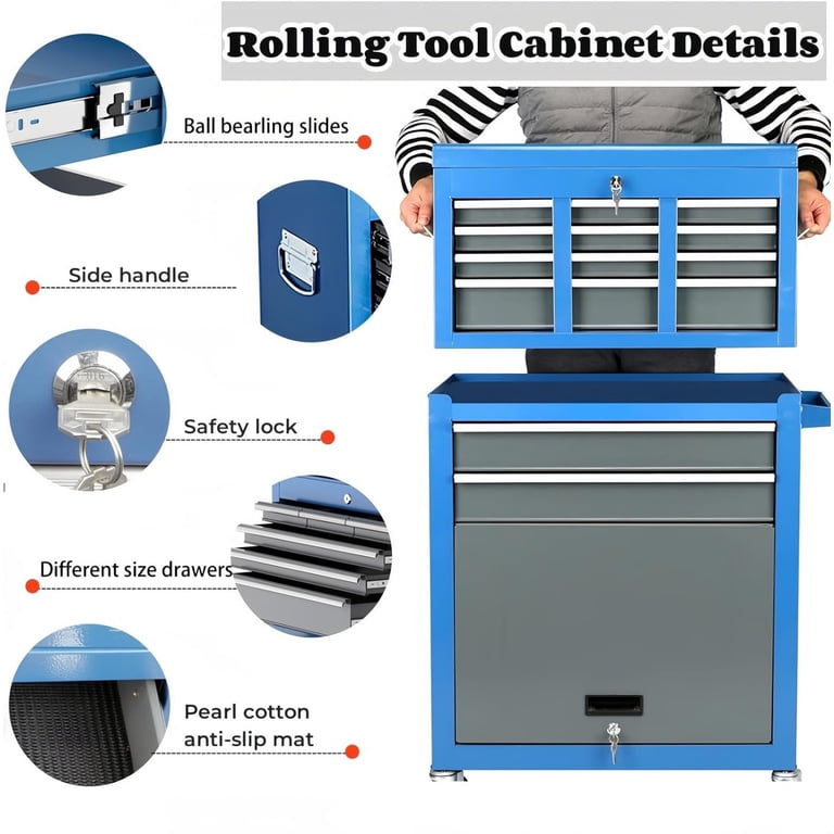 AIRAJ Large Mobile Rolling Tool Chest, 8 Drawers Detachable