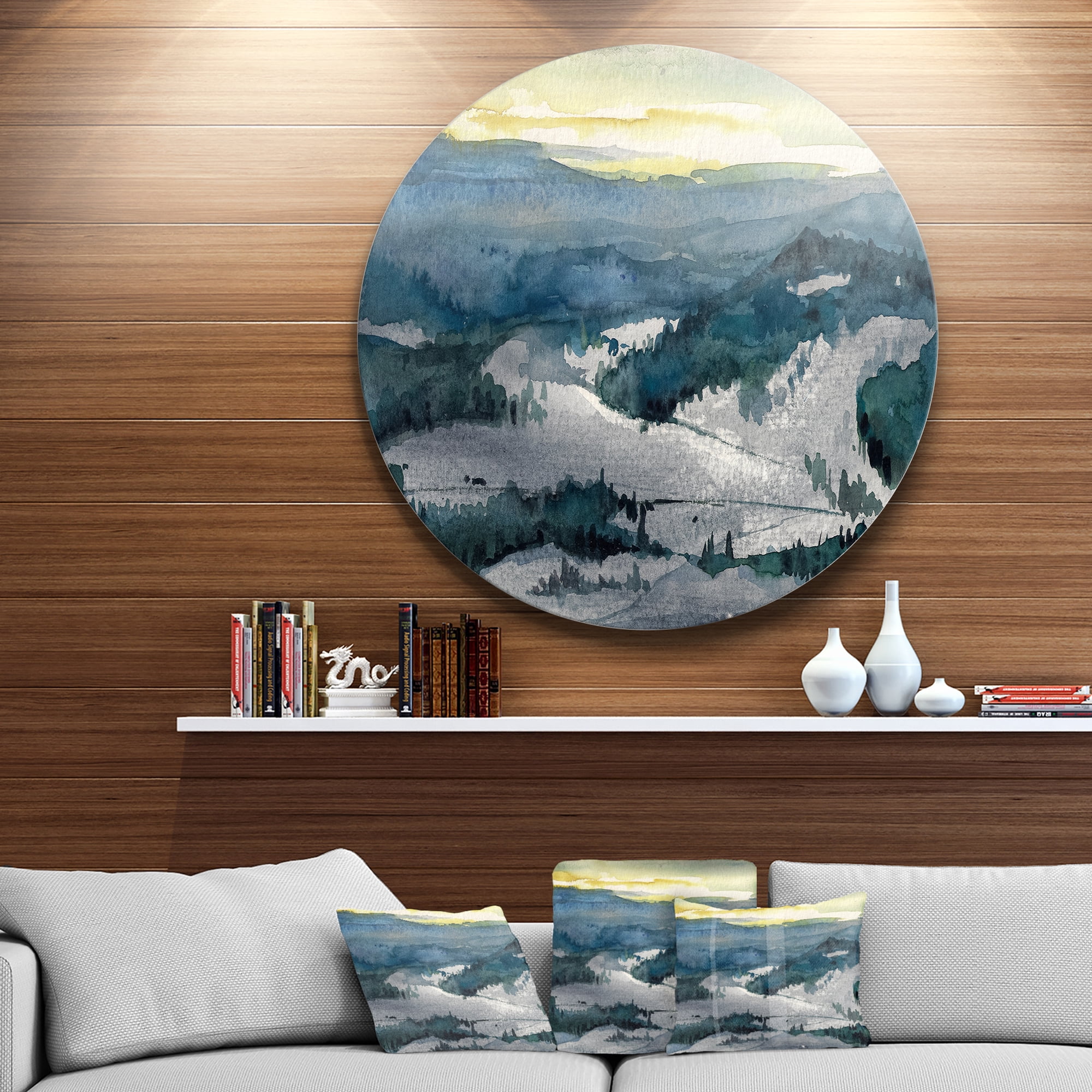 Designart 'Dark Mountains Watercolor' Landscape Painting Circle Metal Wall Art