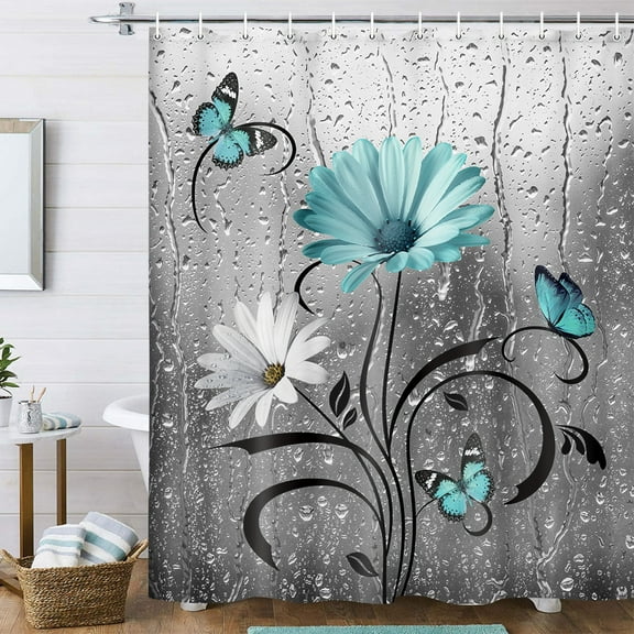 Rustic Teal Floral Boho Shower Curtain, Country Farmhouse Daisy Spring Flowers and Butterfly Shower Curtain for Bathroom, Turquoise Blue Grey Gray Surreal Bathroom Curtain with 12PCS Hooks, 70X70IN