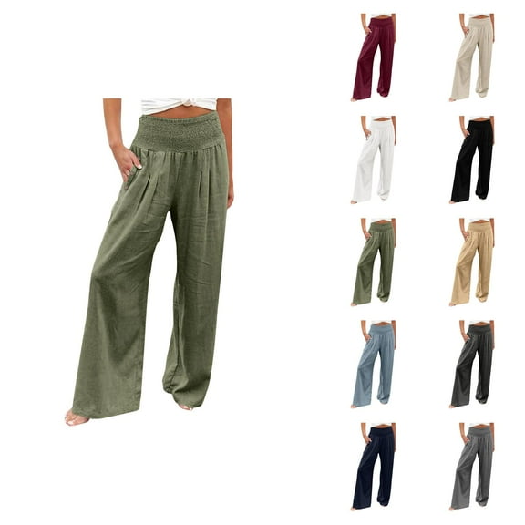 Casual Pants for Women 2025 Loose Fit Elastic High Waist Wide Leg Palazzo Pants with Pockets Summer Beach Trousers