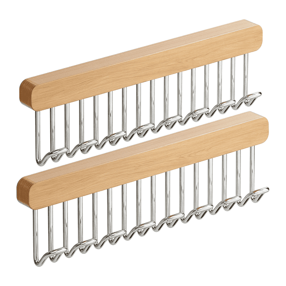 2-Pack Wooden Belt Hanger with Slider – Easy Access Belt Organizer for Closet, Space Saving Belt Rack & Tie Holder for Men & Women, 8 Hooks Each