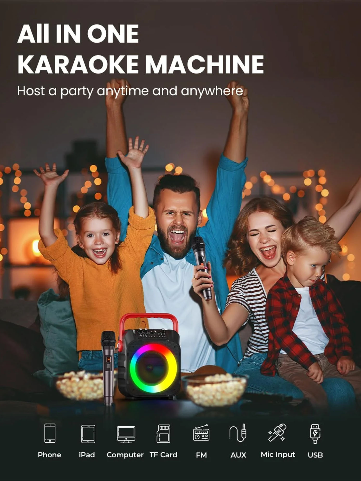 BONAOK Karaoke Machine for Adults, Karaoke Speaker with Two Wireless Microphones, Portable Bluetooth Speaker PA System for Christmas Party, Karaoke Microphone with LED Lights, Red