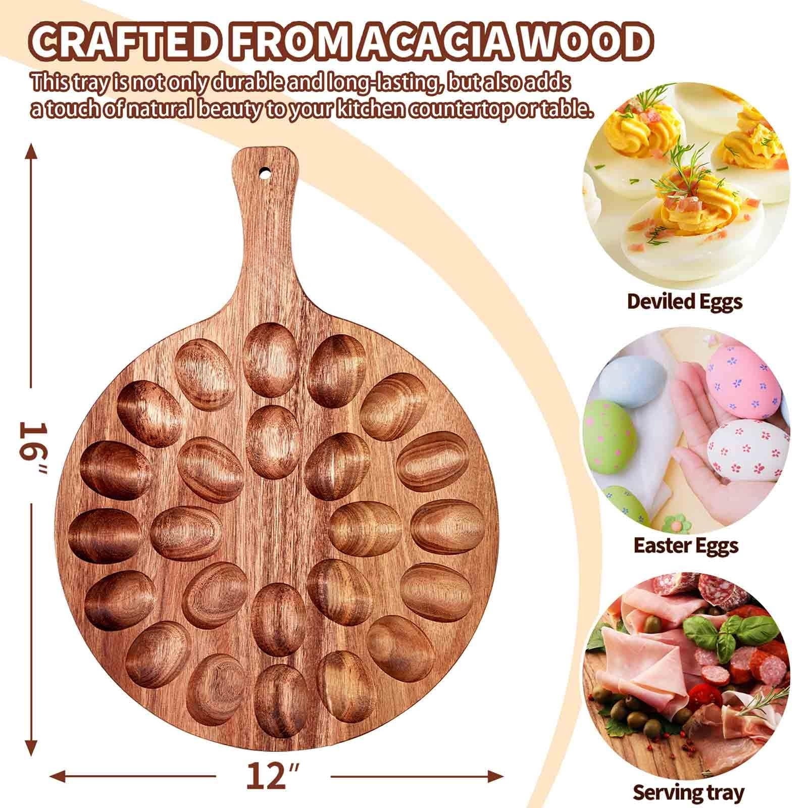 24 Holes Round Acacia Wood Deviled Egg Tray, Premium Wooden Deviled Egg Holder & Charcuterie Platter, Stylish Easter Deviled Egg Carrier for Home & Kitchen