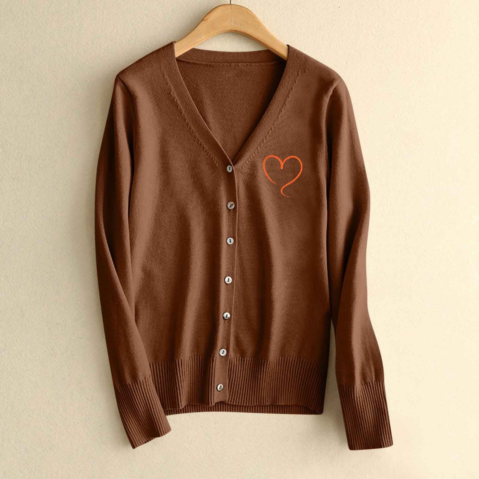BiZtdJrK Women's Cardigan Sweaters Heart Printed Long Sleeve Button Down Sweater Cardigans V Neck Fashion Fall Open Front Knit Sweater Jackets Brown L