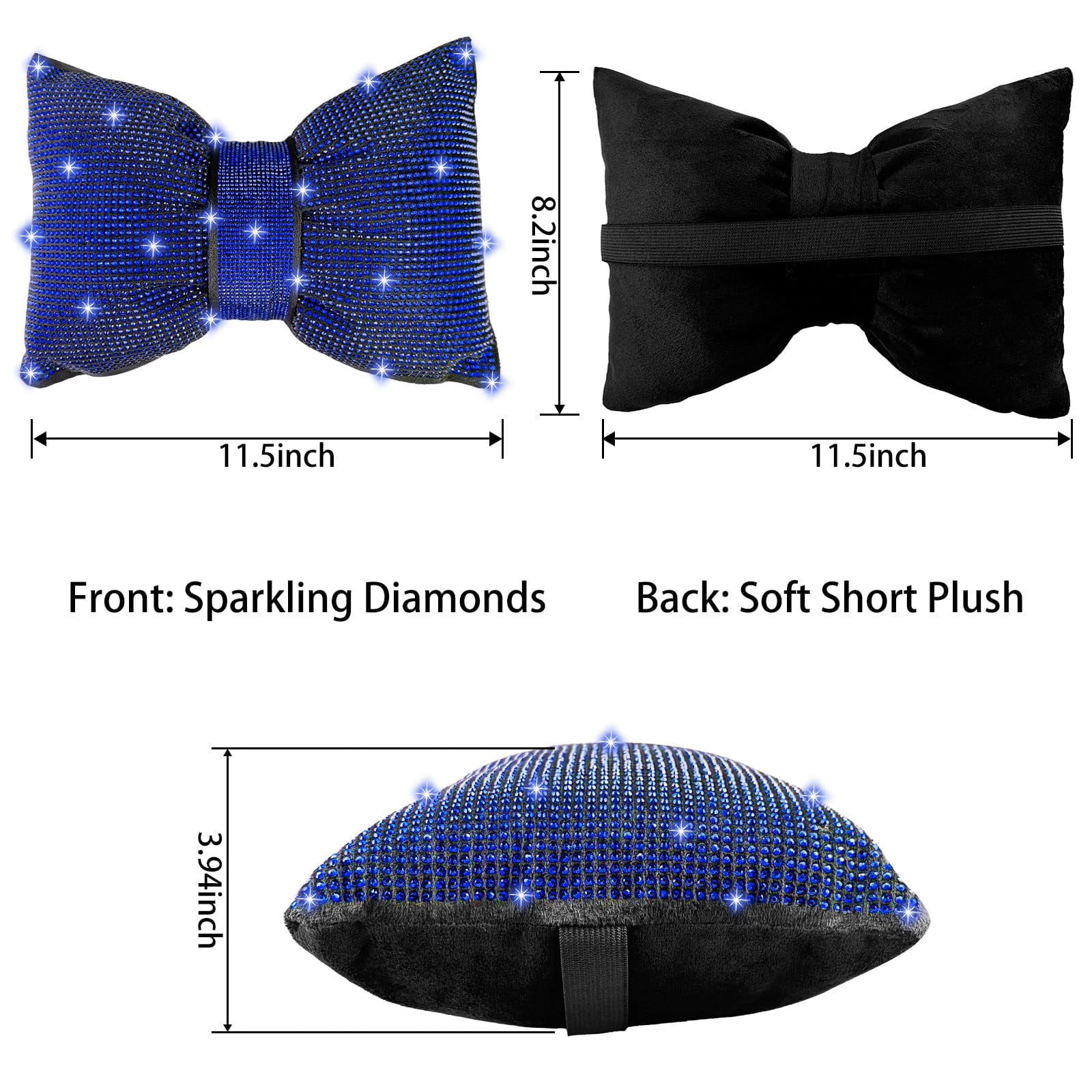 Chasenew 2 PCS Bling Bowknot Car Headrest Pillow, Rhinestone Car Neck Pillows for Driving, Bling Interior Accessories for Women Comfortable Neck Support Pillow(Blue)