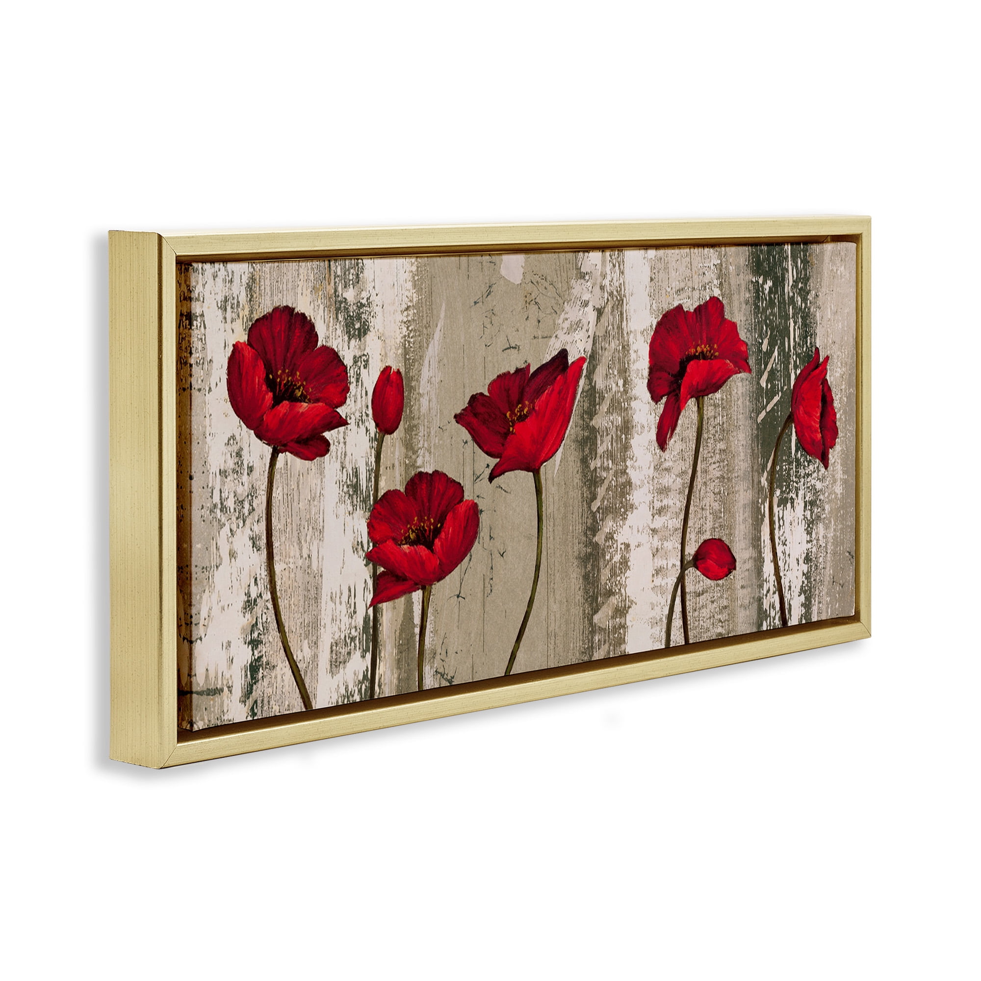 Stupell Industries Red Poppies Rustic Pattern Botanical & Floral Painting Gold Floater Framed Canvas Art Print Wall Art, 25 x 11