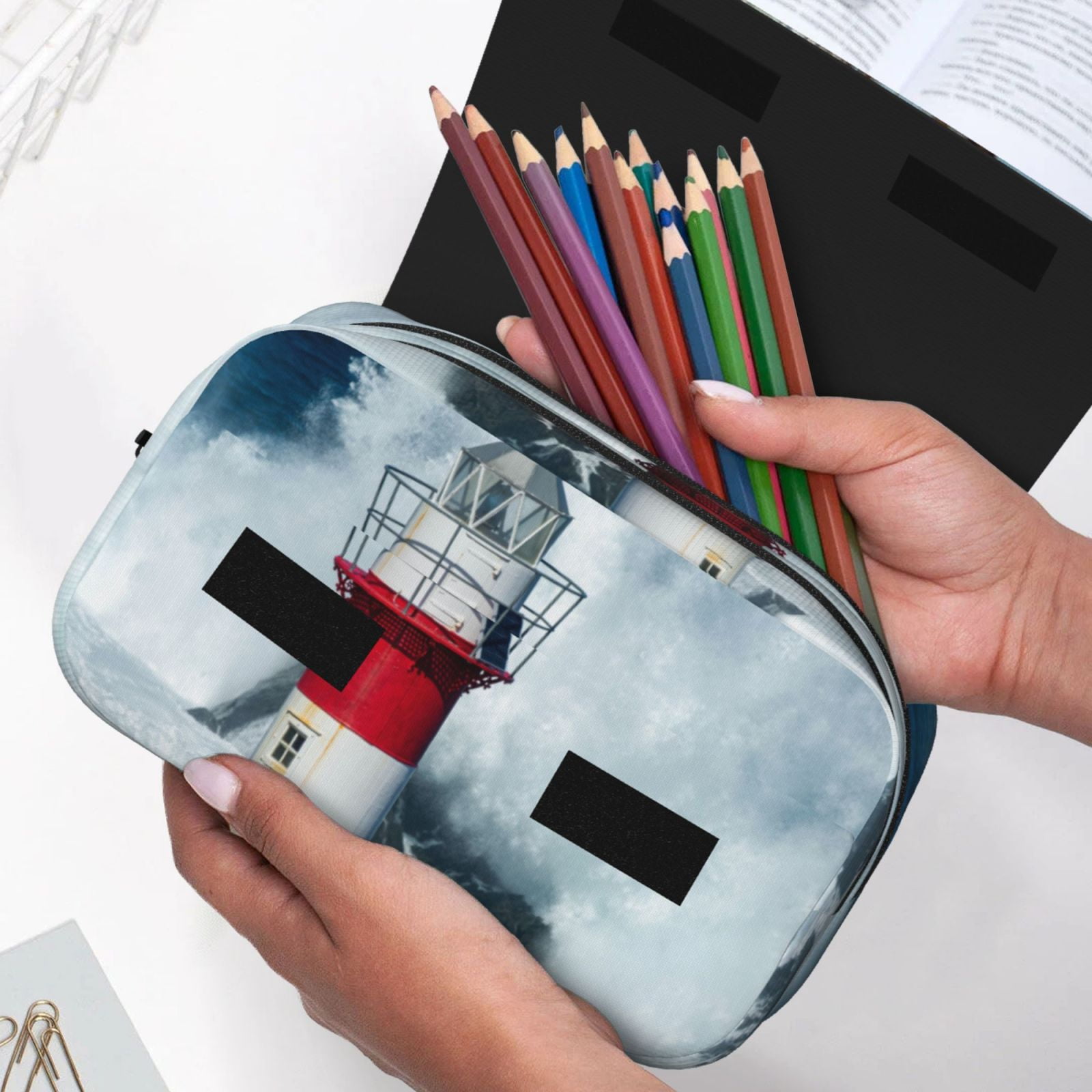 Rateoe Circular Lighthouse Pattern Double Clamshell Pen Case, Storage Organizer with Two Zipper Compartments– Holds Up to 50 Pencils & Pens