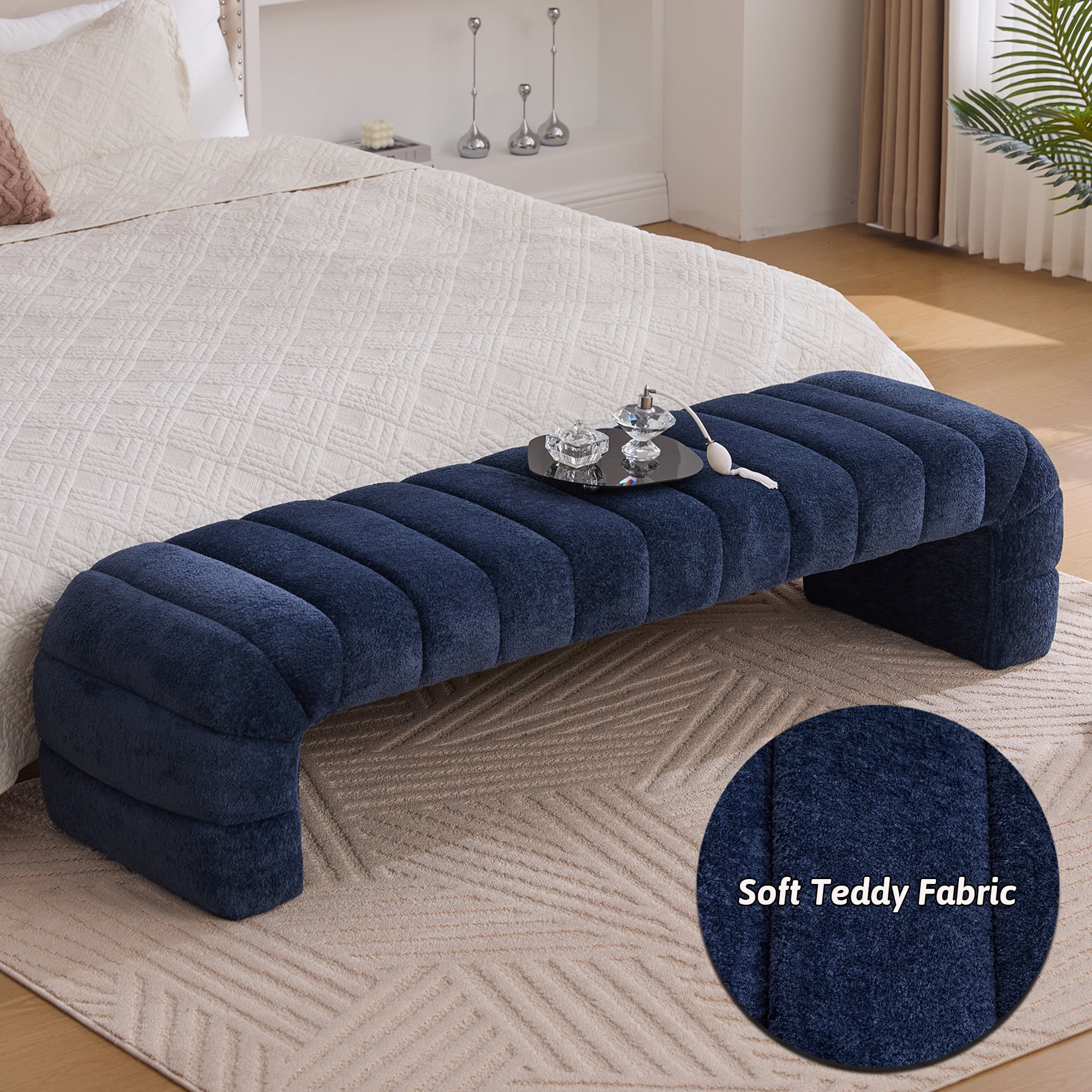 HIUU 70"Blue Bench for Bedroom,Bed Benches for Foot of Bed with Streamline Design,Fabric Ottoman Bench with Soft Teddy Fabric,Modern Bedroom Benches for Living Room and Bedroom, Entryway