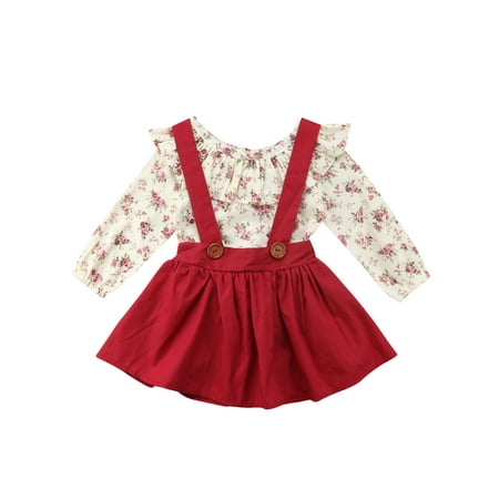 

LisenraIn Baby Girl Skirt Suit Ruffled Floral Tops Straps Puff Dress Set