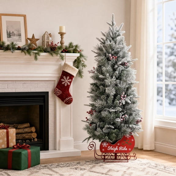 Pre-Lit Tabletop Mini Artificial Christmas Tree, 3ft Green with 78 Warm White LED Lights & Sleigh Base, for Home Office Holiday Decor