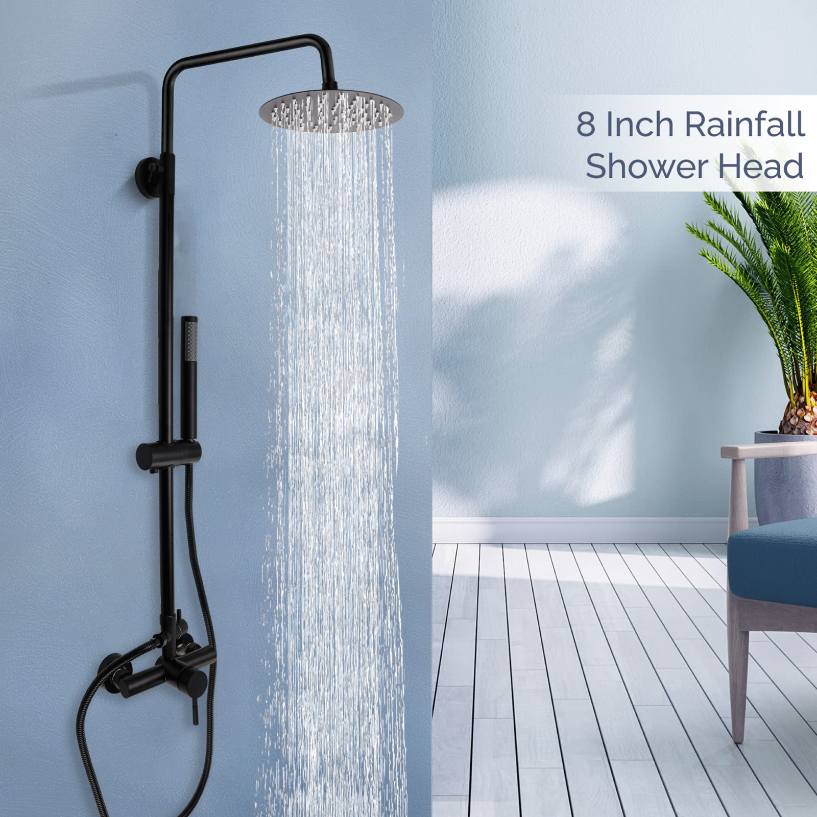 iMeshbean Black Shower Faucet Set 8" Rainfall Shower Head Combo System w/ Mixer Valve Kit
