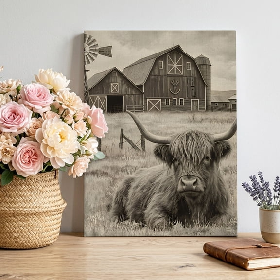 Rustic Highland Cow Canvas Wall Art for Living Room, Vintage Windmill Barn Industrial Farmhouse Poster Print Painting for Bedroom Office Home Decoration Wall Pictures Prepare To Hang 8"x12"