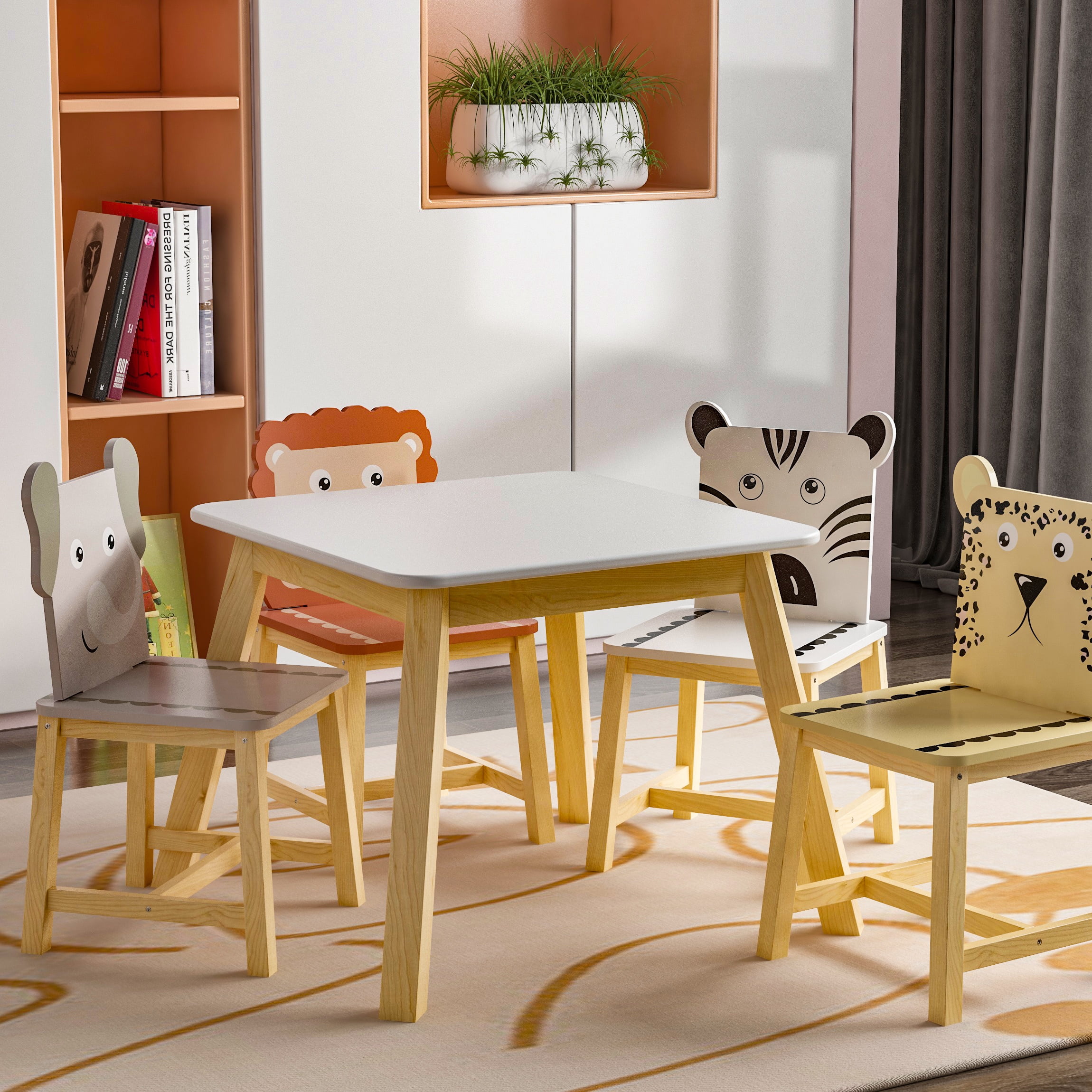 SYNGAR 5 Pieces Kids Table and Chairs Set, Toddlers Wood Activity Table and 4 Cartoon Animals Chairs Set for Arts/Drawing/Reading/Writing/Crafts, Multicolor, D5424