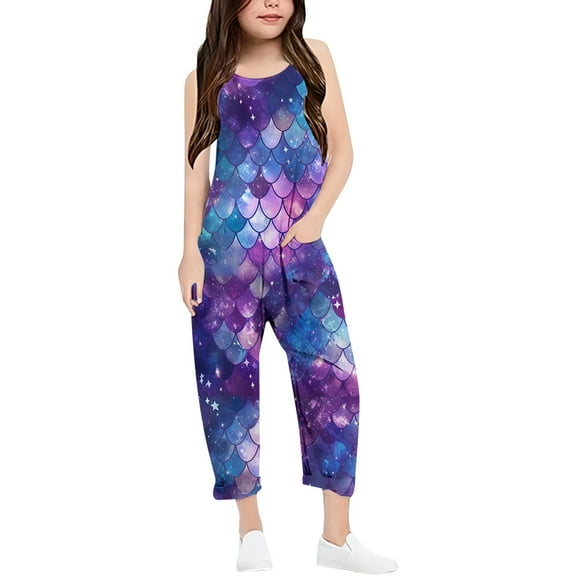 XIYON Girls Fish Scale Printed Casual V Strap Jumpsuit Onesie Solid Color Loose Casual Romper With Pocket 7-8 Years