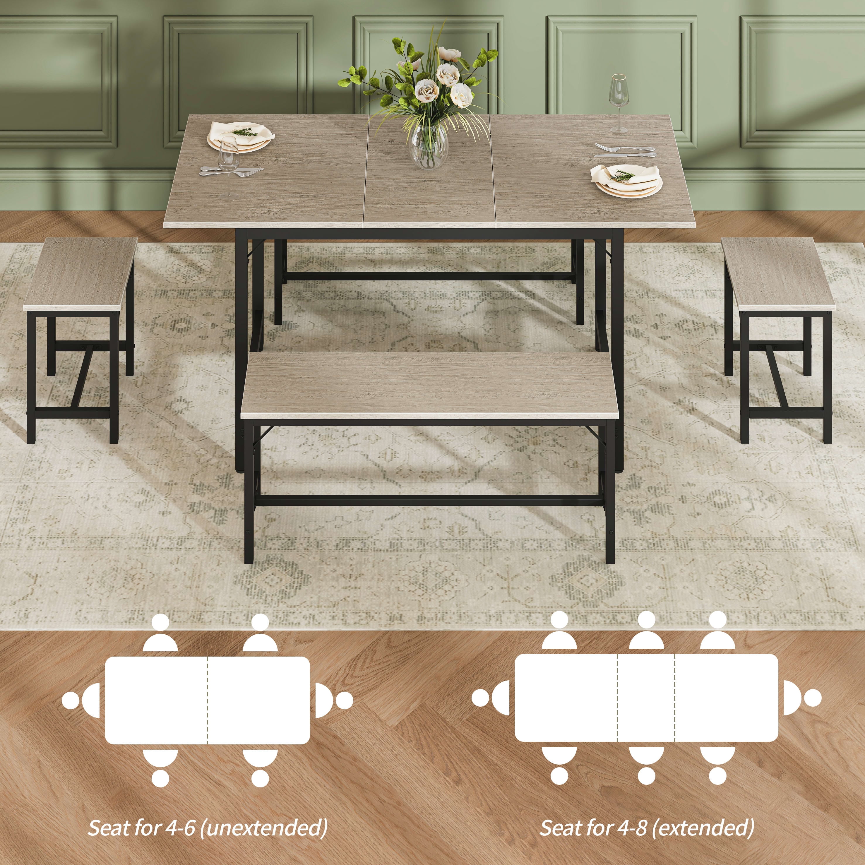 Aukfa 63" Extendable Dining Table Set for 4-8, 3-Piece Kitchen Table Set with 2 Benches & 2 Stools, Space Saving Wood Table & Metal Frame,Gray
