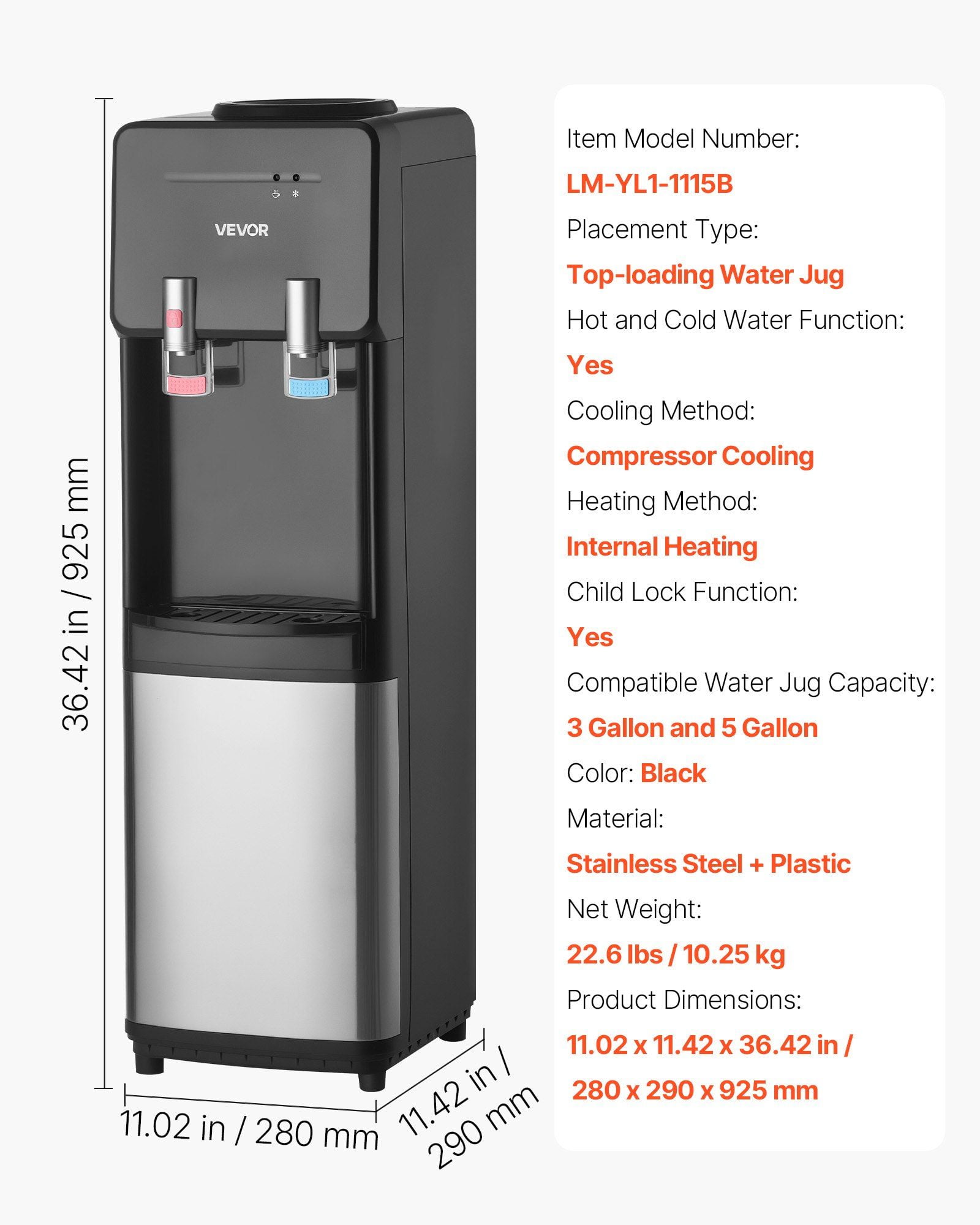 Top Loading Water Dispenser – Stainless Steel, Fits Standard 3 & 5 Gallon Jugs