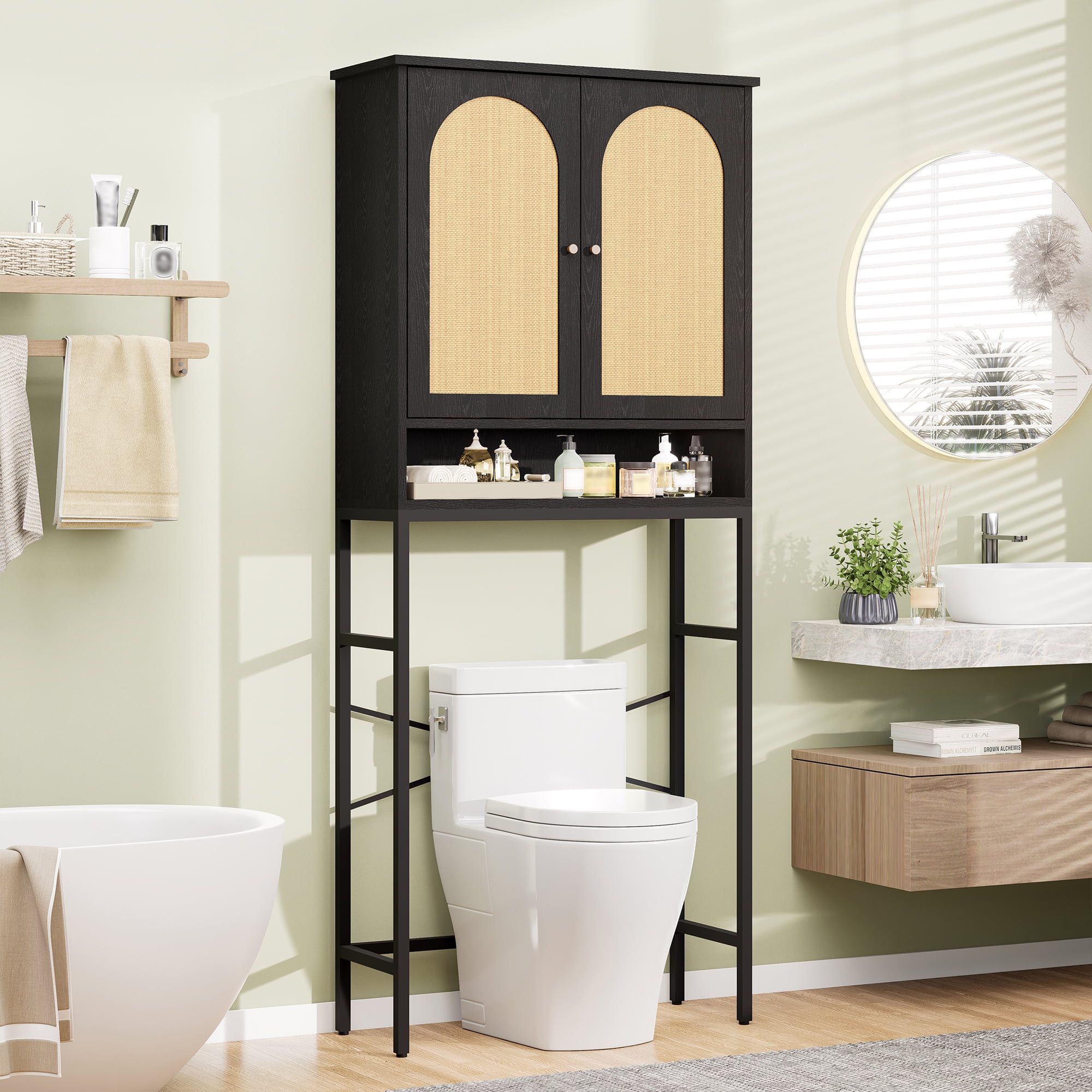 Veanerwood Rattan Toilet Storage Cabinet, Over The Rack Wood Cabinet with Metal Stand, Bathroom Organizer with Adjustable Shelf, Tall Freestanding Washer Shelf, Small Cupboard, Black