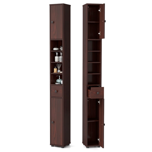Gymax Tall Slim Bathroom Storage Cabinet Linen Tower w/Drawer Adjustable Shelves Brown