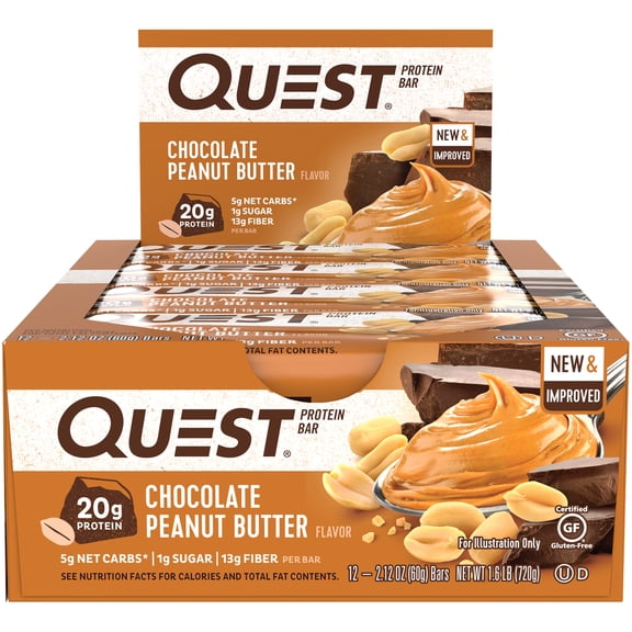 Quest Protein Bar, Chocolate Peanut Butter Flavored, 20g Protein, Gluten Free, 12 Count