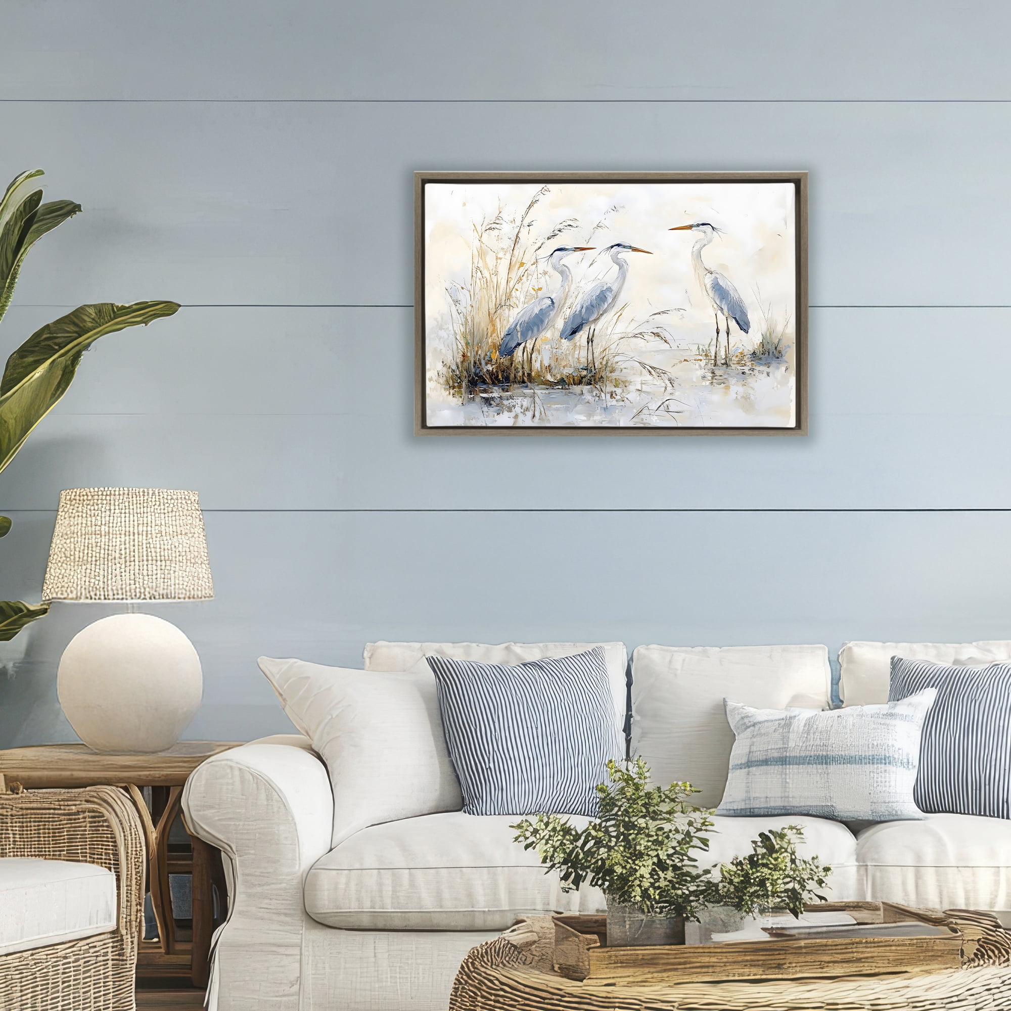 Stupell Industries Blue Heron Trio in Wetlands Brown Framed Floater Canvas Wall Art, design by LSR Design Studio