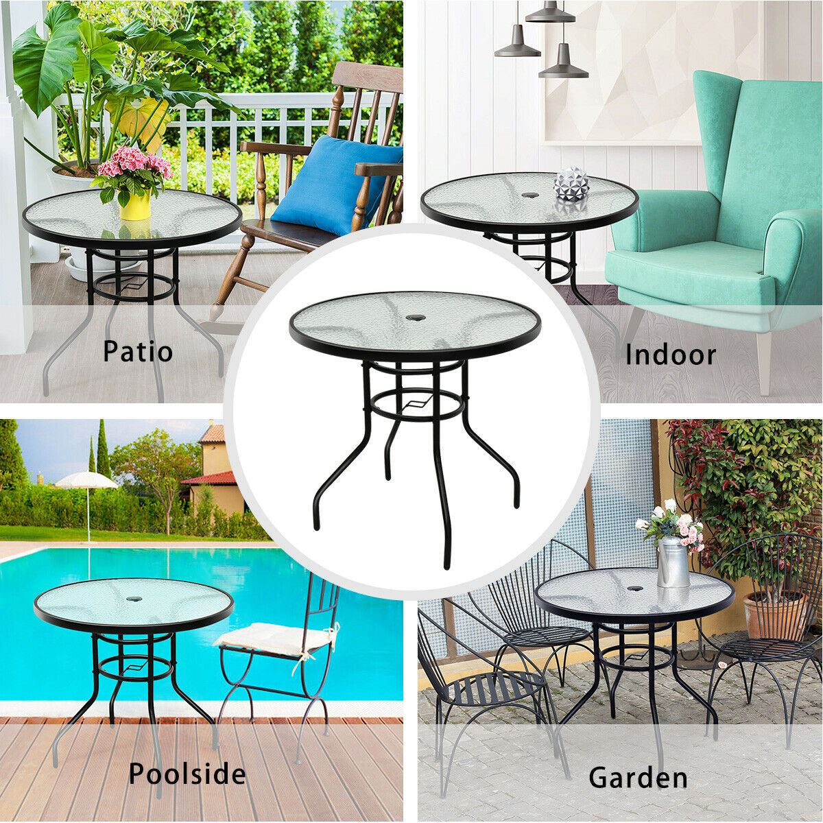Costway 32'' Patio Round Table Tempered Glass Steel Frame Outdoor Pool Yard Garden - image 2 of 8