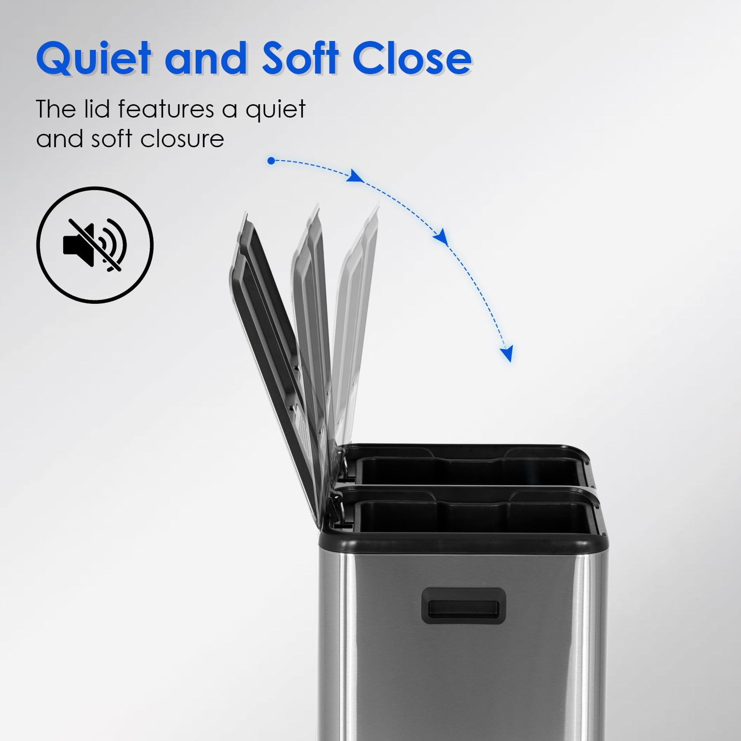 60 L Trash Can, 16 Gallon Dual Compartment Garbage Can, Pedal Recycling Bin, Stainless Steel Rectangular Recycle Dustbin, Silver
