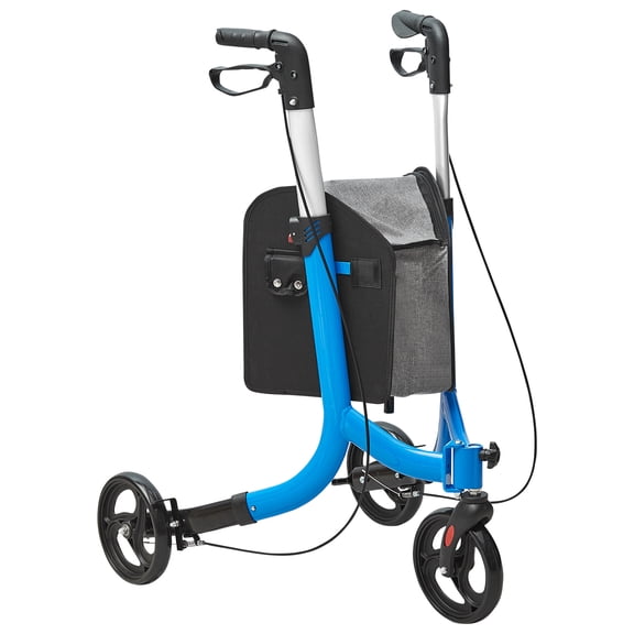 KFFKFF 3-Tire Senior Rollator Walker, Aluminum Lightweight Collapsible Strolling Walker with Handle Adjustment, Outdoor Triple Wheel Walker with Ample Storage Bag, 260LBS Load Limit