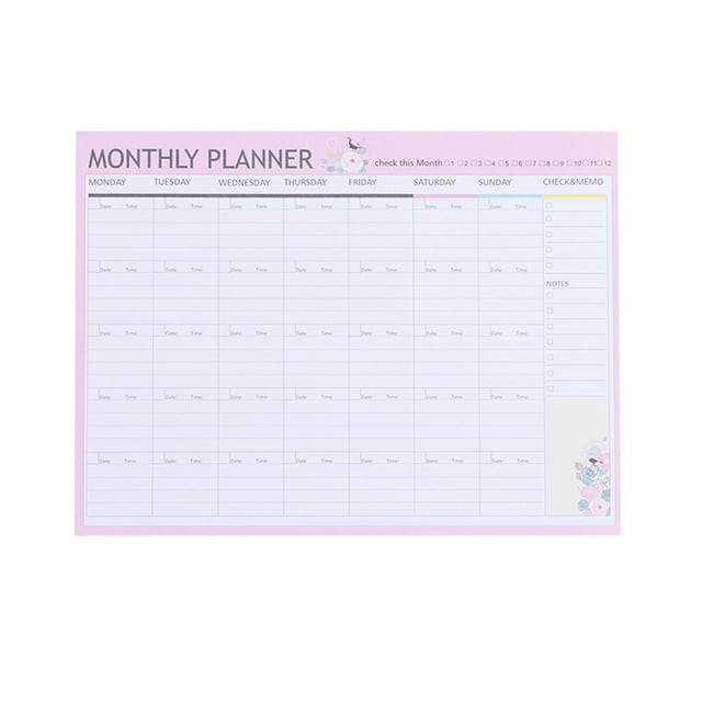 20 hojas planificador mensual calendario calendario organizador agenda agenda organizador cuaderno (rosa verde mixto) bloc de escritorio horizontal con 12 meses en vista mensual y cuadrícula semanal; columnas lunes a domingo, casillas para horario por hora, sección lateral de notas y lista de tareas, decorado con ilustraciones de animales y flores, aprox. 28.5 x 21 cm.
