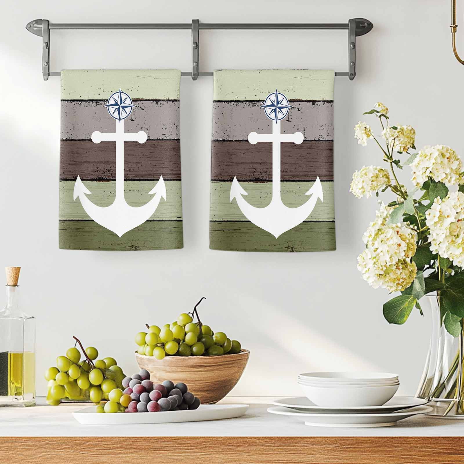 Dish Towels, Nautical Anchor Absorbent Kitchen Towels 2 PCS, Vintage Sage Green Wood Grain Microfiber Hand Towels Dish Cloths Tea Towels for Home&nbsp;Bathroom Cleaning Drying,18X28-Inch,