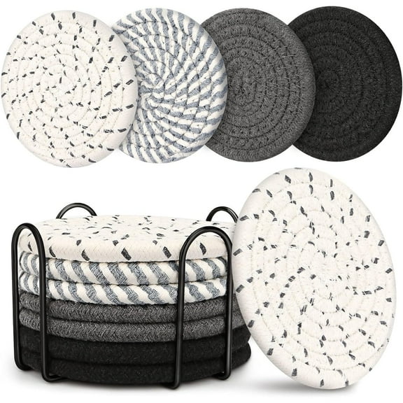 Sherry 8 Pcs Drink Coasters with Holder, 4 Colors Absorbent Coasters for Drinks, Minimalist Cotton Woven Coaster Set for Home Decor Tabletop Protection Suitable for Kinds of Cups, 4.3 Inches.