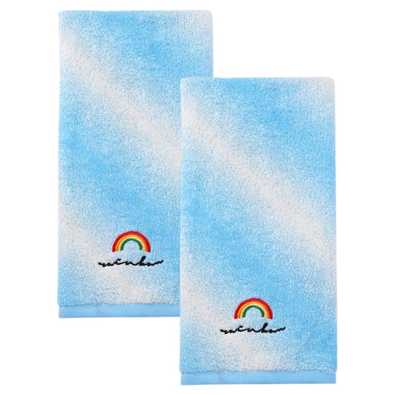 REGALWOVEN Rainbow Embroidered Gradient Cotton Hand Towels, 2 Pack Soft Absorbent Decorative Towels for Bathroom, Travel Blue 28" x 13"