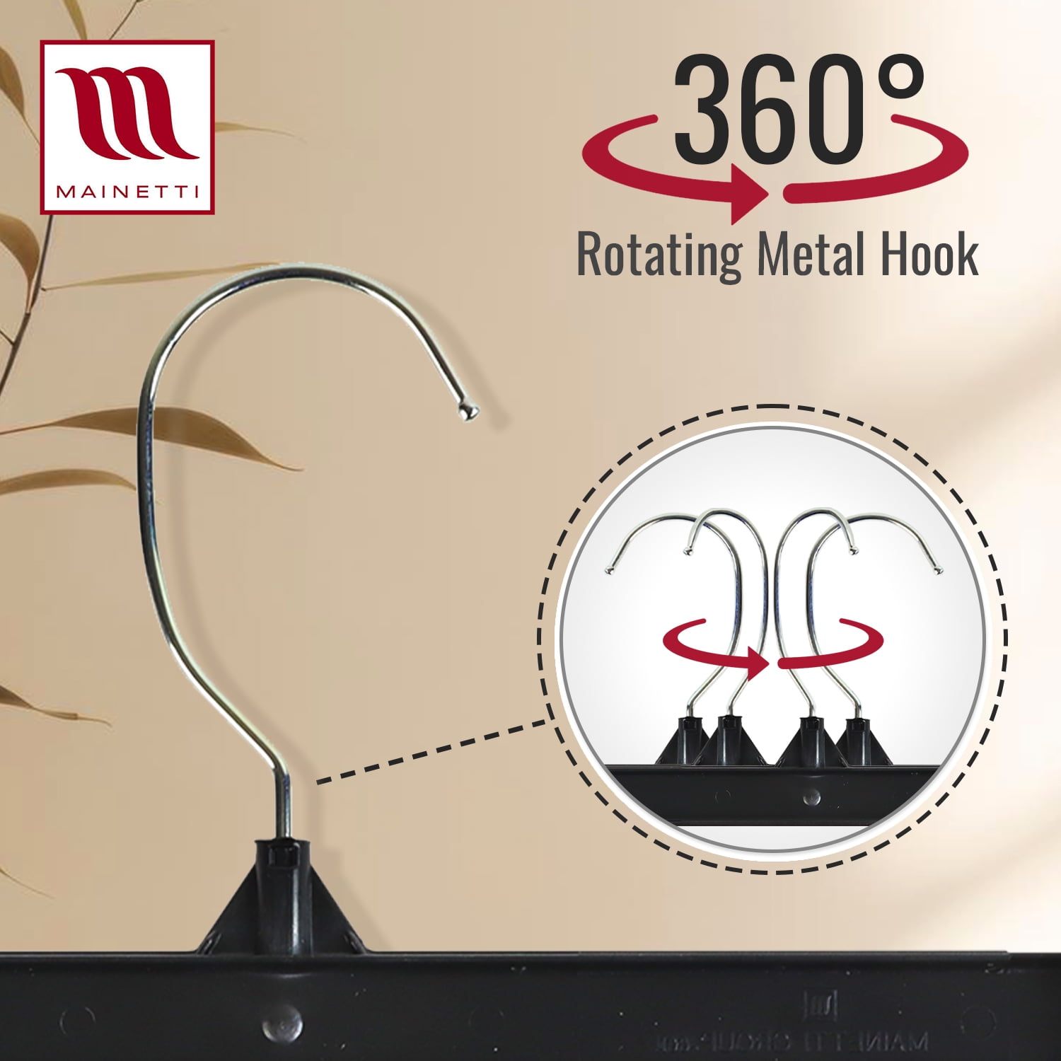Mainetti Black Plastic Clothes Hangers 200 Pack | 12-Inch Space Saving Hangers with 360 Swivel Metal Hook & Non-Slip Clips | Closet Hangers Ideal for Pants, Skirts, Slacks and Shorts