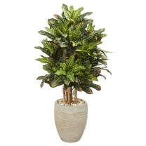 Nearly Natural Plastic 3.5' Croton Artificial Plant in Sand Colored Planter, Green