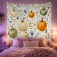 thumbnail image 2 of Autumn Pumpkins Among Blue Florals, Nostalgic Farmhouse for Botanical Lovers, Harvest Wall Art, Thanksgiving Hostess Gift, Tapestry Wall Hanging for Living Room and Bedroom, 2 of 7