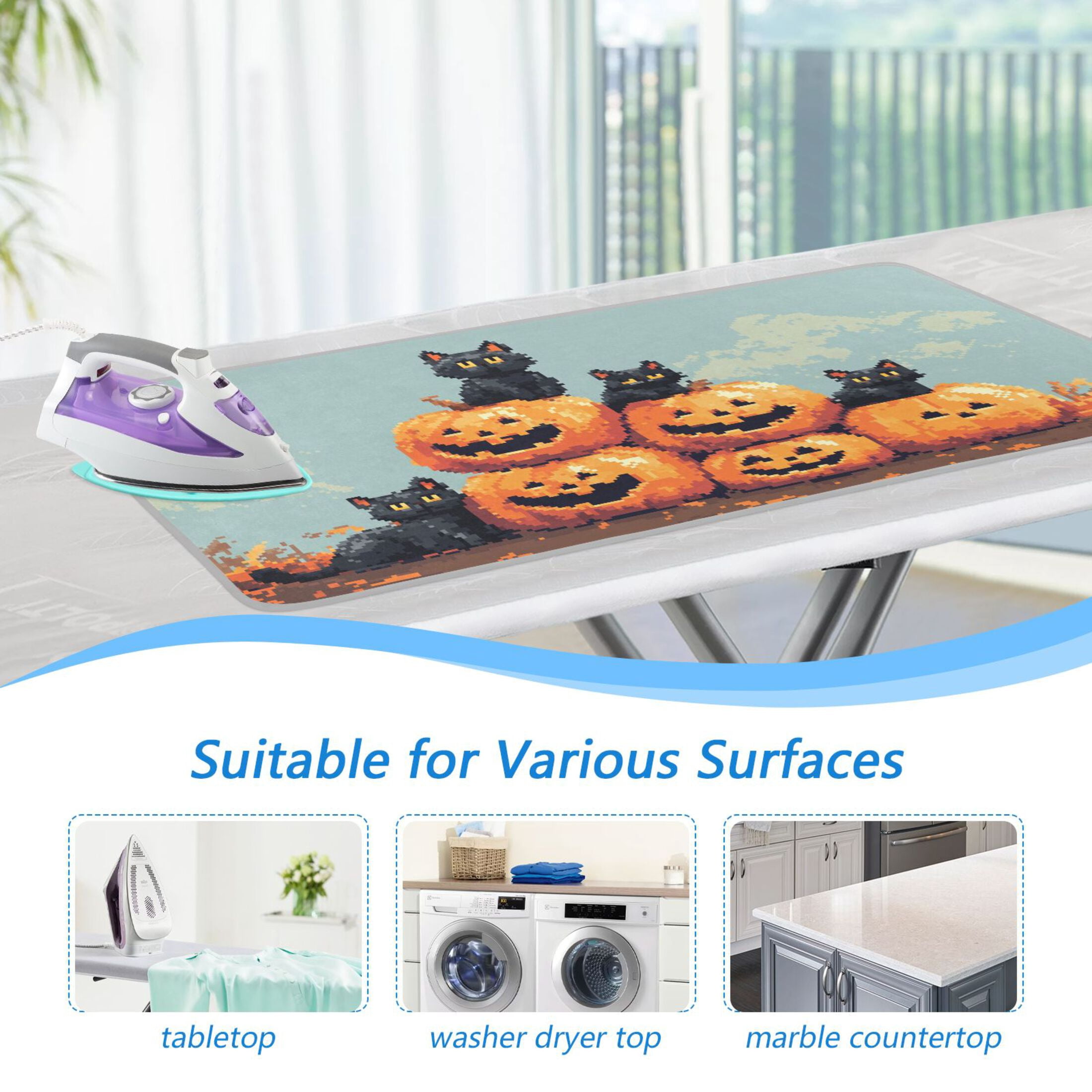 Pixel Halloween Pumpkins Cats Ironing Board Covers Heat Resistant Ironing Pad Mat Portable for Travel Washer Dryer Table