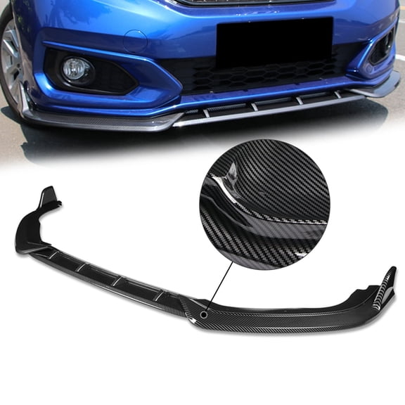 DNA Motoring 2-PU-685-PCF For 2018 to 2020 Honda Fit Carbon Fiber Look 3Pcs Front Bumper Lips Guard Body Kit w/Vertical Stabilizers 19 20